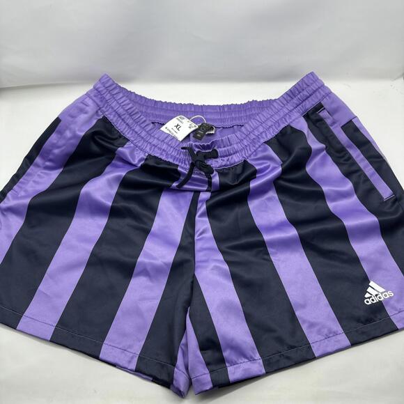 NWT Adidas Men’s XL SATIN Shorts Soccer Running Lifestyle Purple / Black Striped - Picture 1 of 12